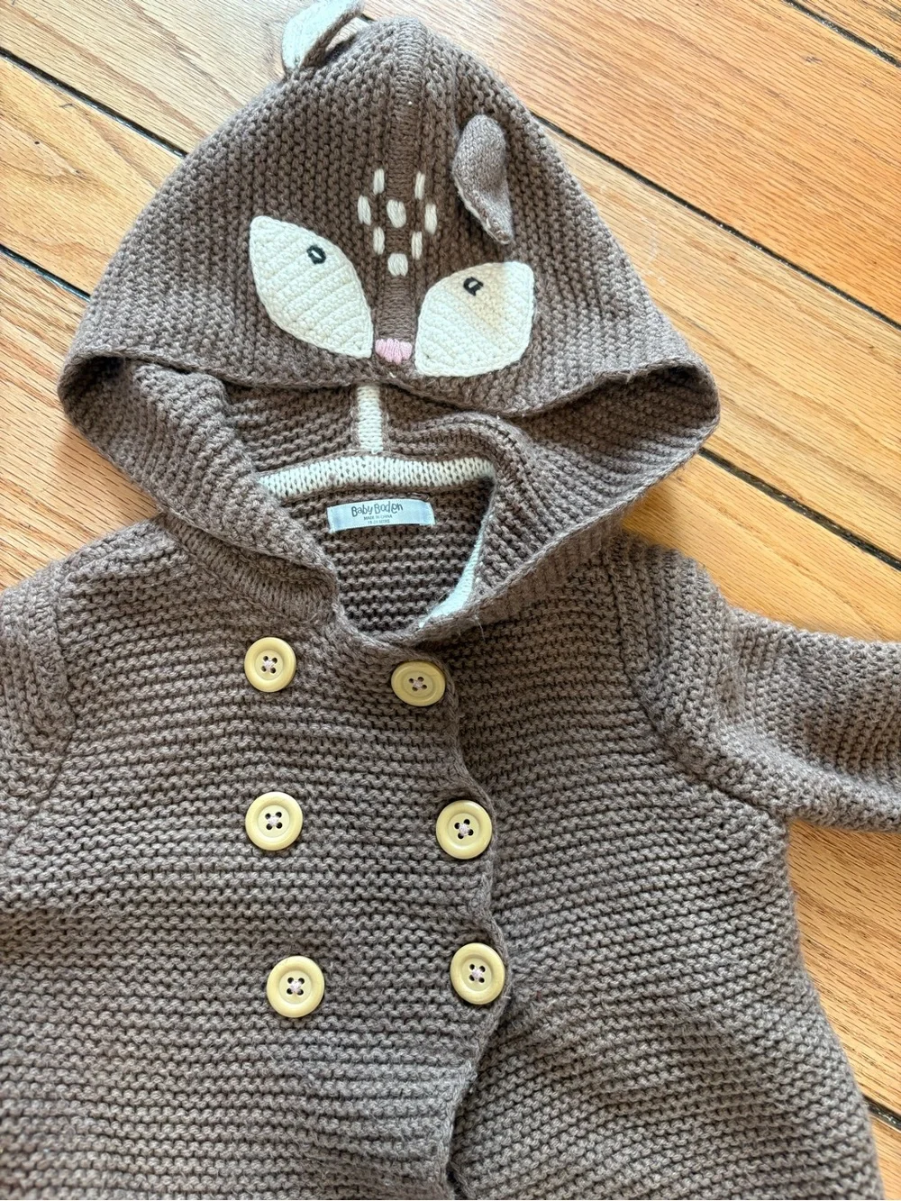 Baby Boden Brown and Cream Knit Hooded Cardigan with Deer Animal Face 18-24mo